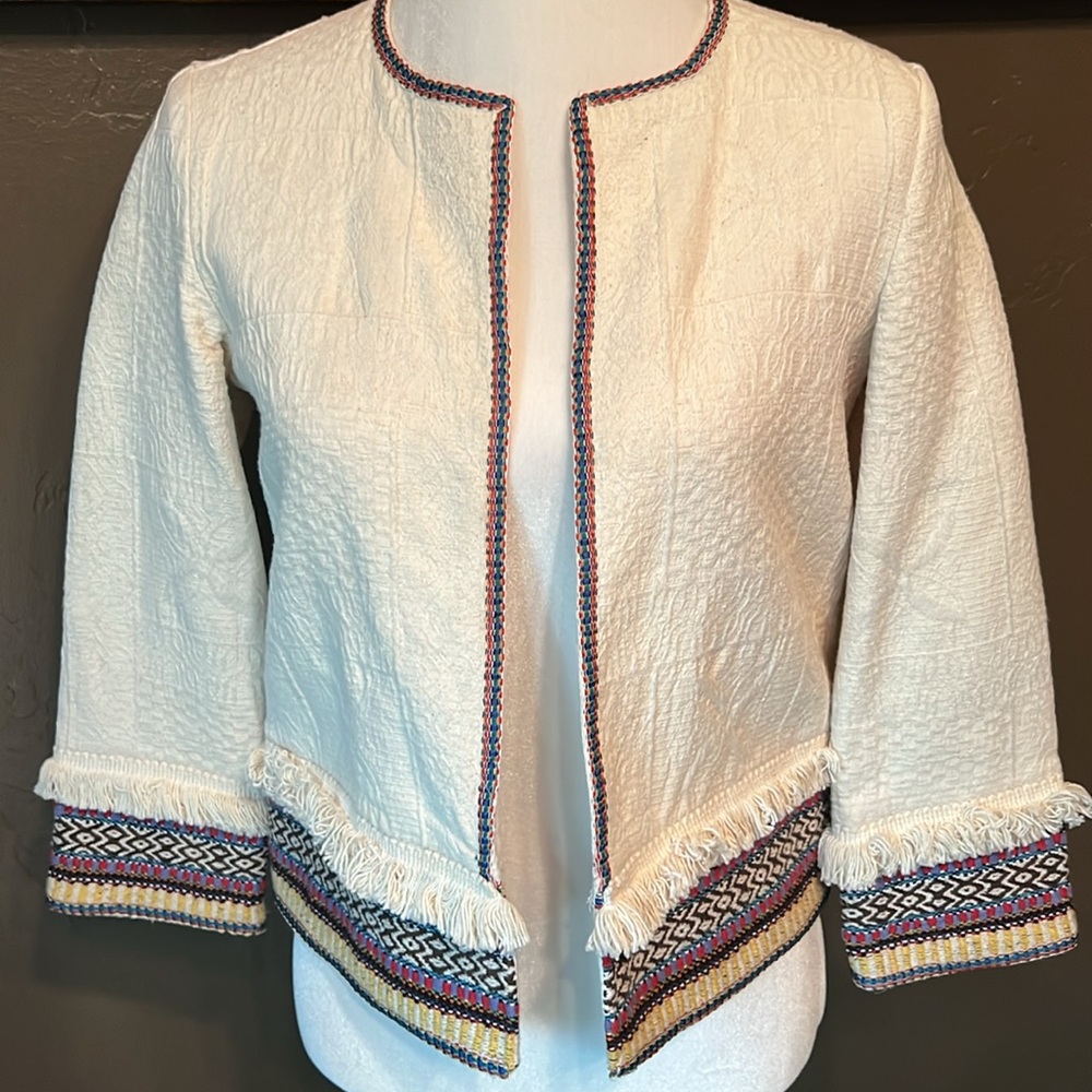 Zara Trafaluc Bohemian Cream Jacket with Colorful Trim